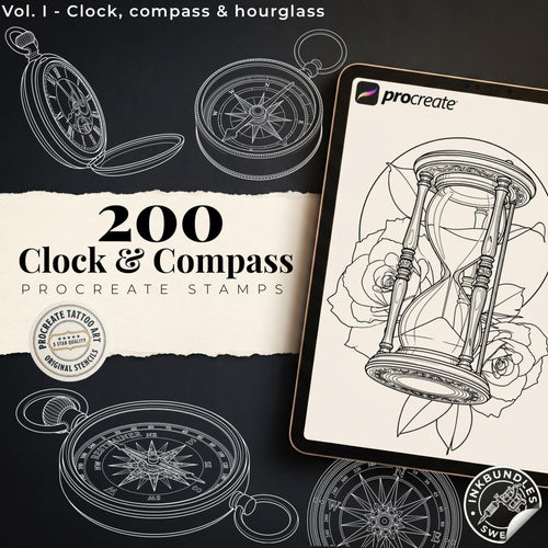 Clock Compass Procreate Brushes, Pocket Watch Tattoo Stencils, Timepiece Stamps Digital Download