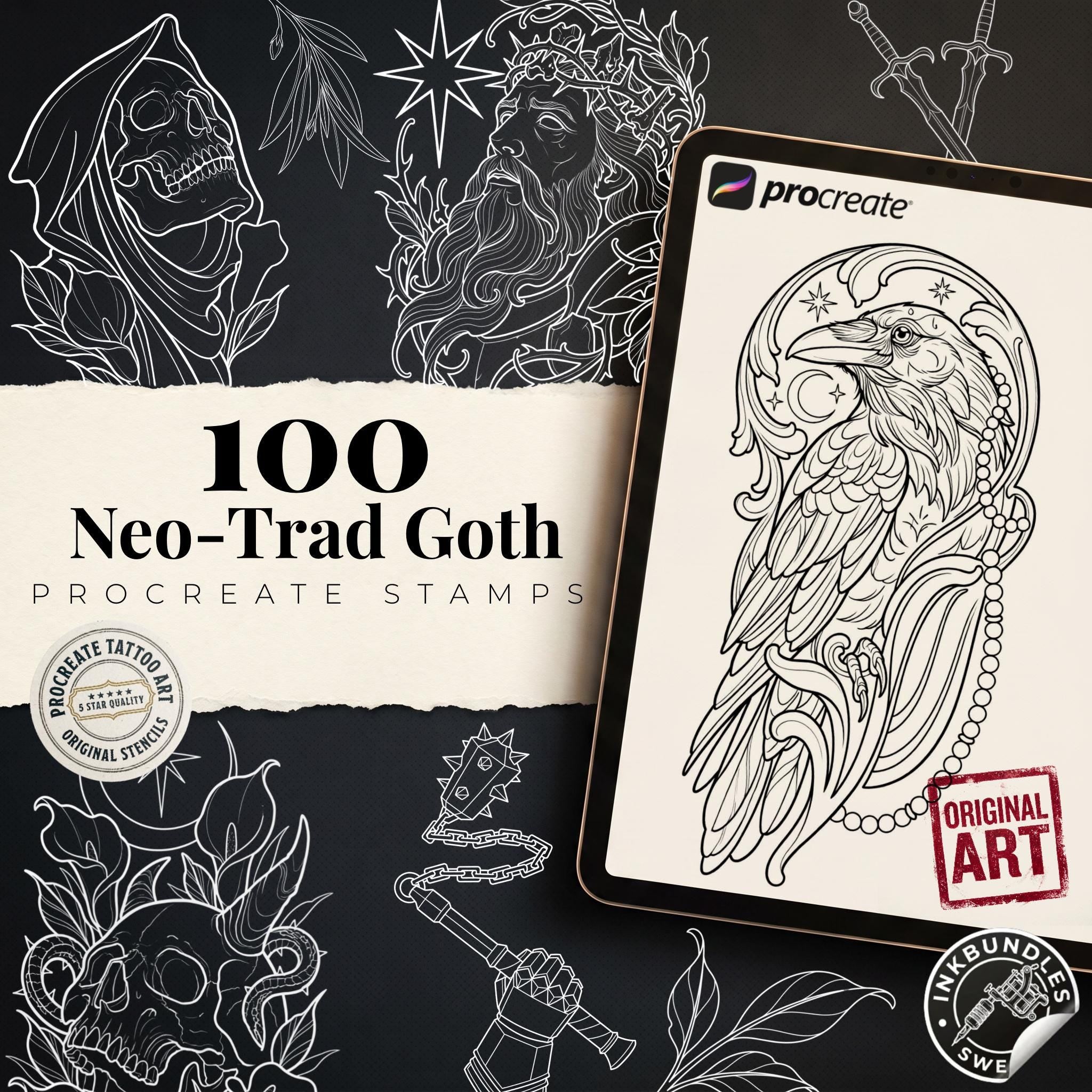 Seventh Seal, Dark Macabre Tattoo Art, Neo-Traditional Procreate Stamps, Tattoo Stencils