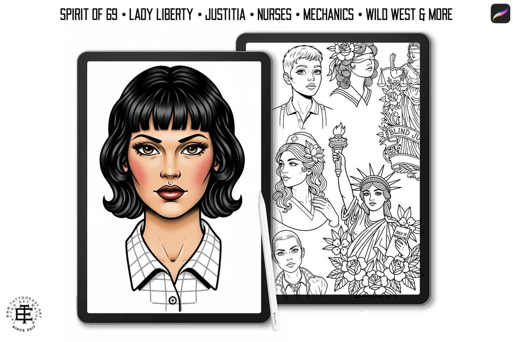 200+ Traditional Tattoo Ladies for Procreate | Old School Flash Stencils, Trad Girls Bundle