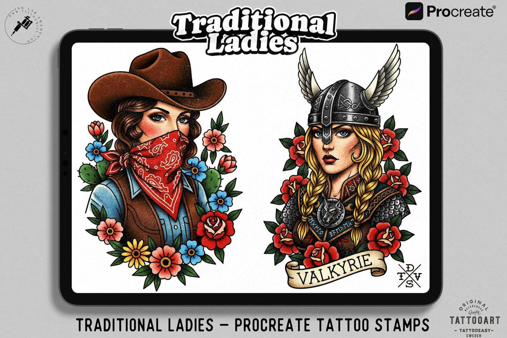 200+ Traditional Tattoo Ladies for Procreate | Old School Flash Stencils, Trad Girls Bundle