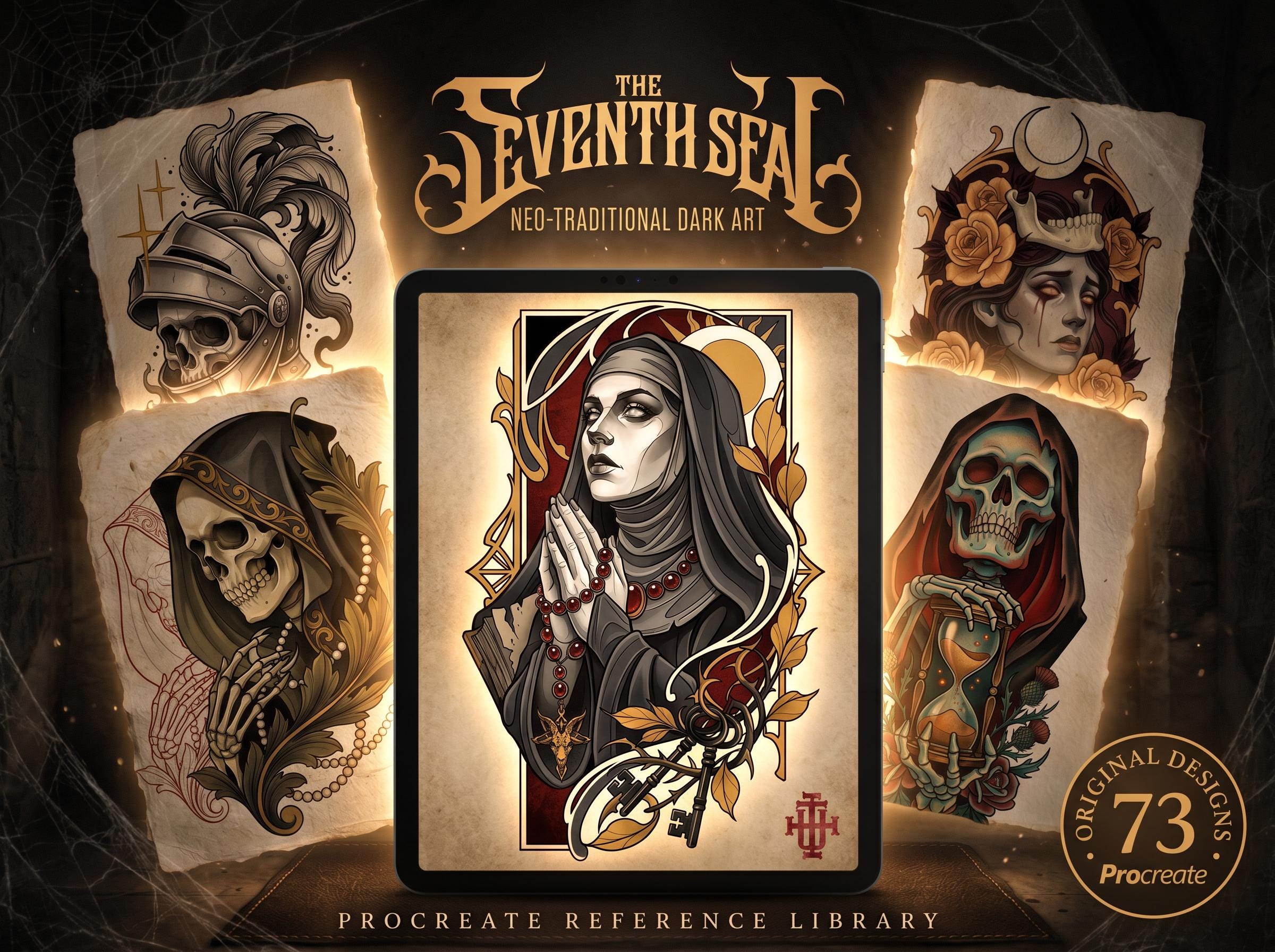 Seventh Seal, Dark Macabre Tattoo Art, Neo-Traditional Procreate Stamps, Tattoo Stencils