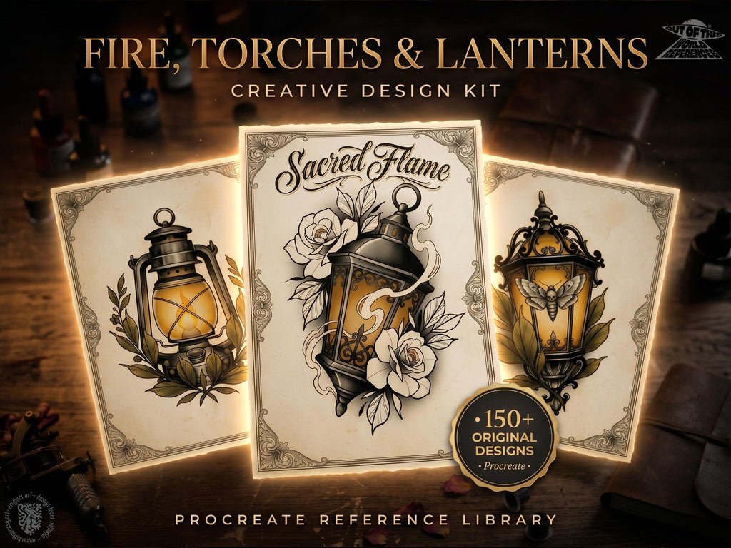 Fire & Torch Tattoo Toolkit, Flame, Lamp PNG Procreate Bundle, Tattoo Flash Brushset for Artists