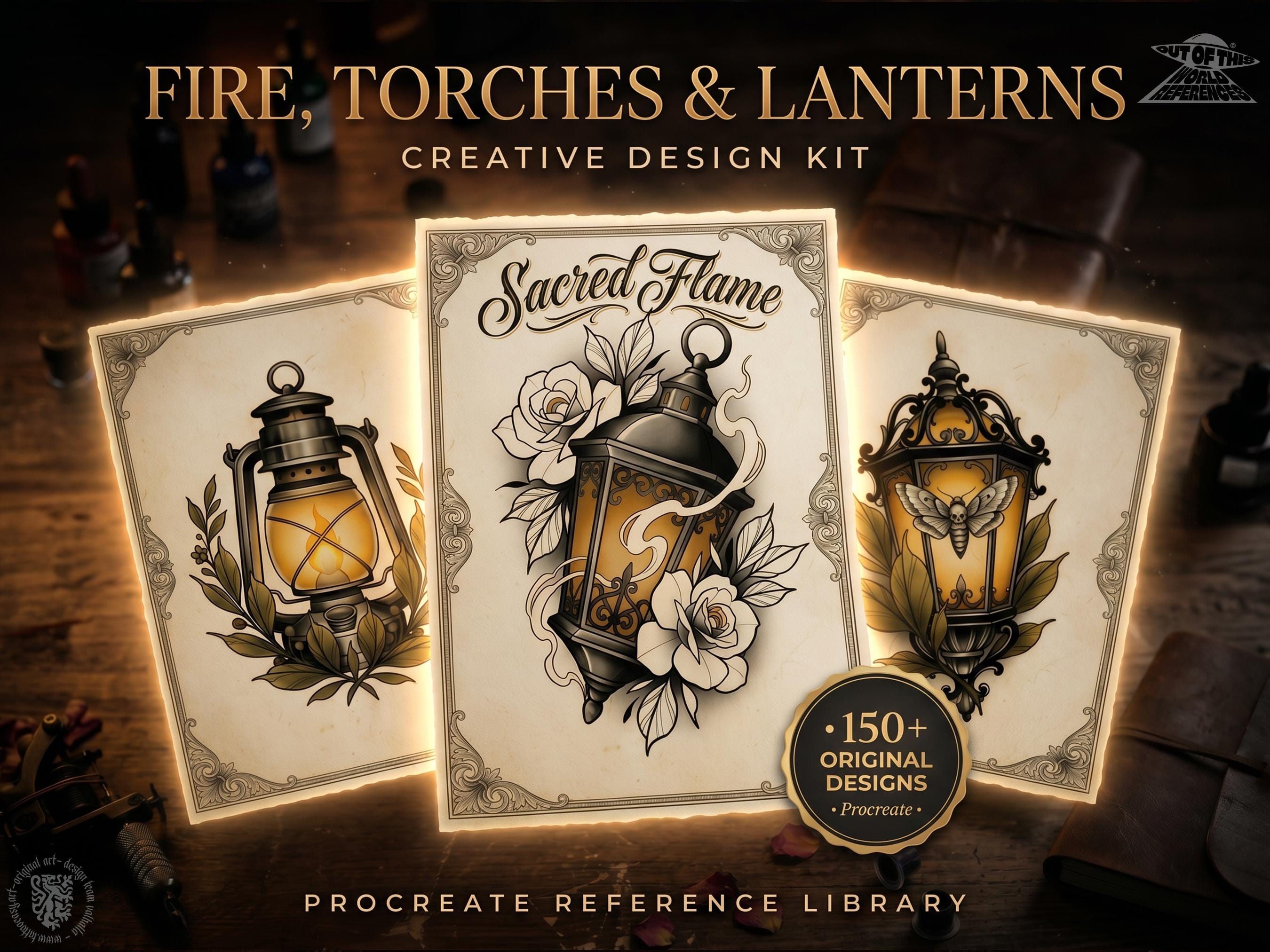 Fire & Torch Tattoo Toolkit, Flame, Lamp PNG Procreate Bundle, Tattoo Flash Brushset for Artists