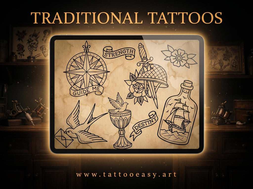 Procreate Traditional tattoo art XL, 600+ designs drawn by handmade ( digital download for Procreate )