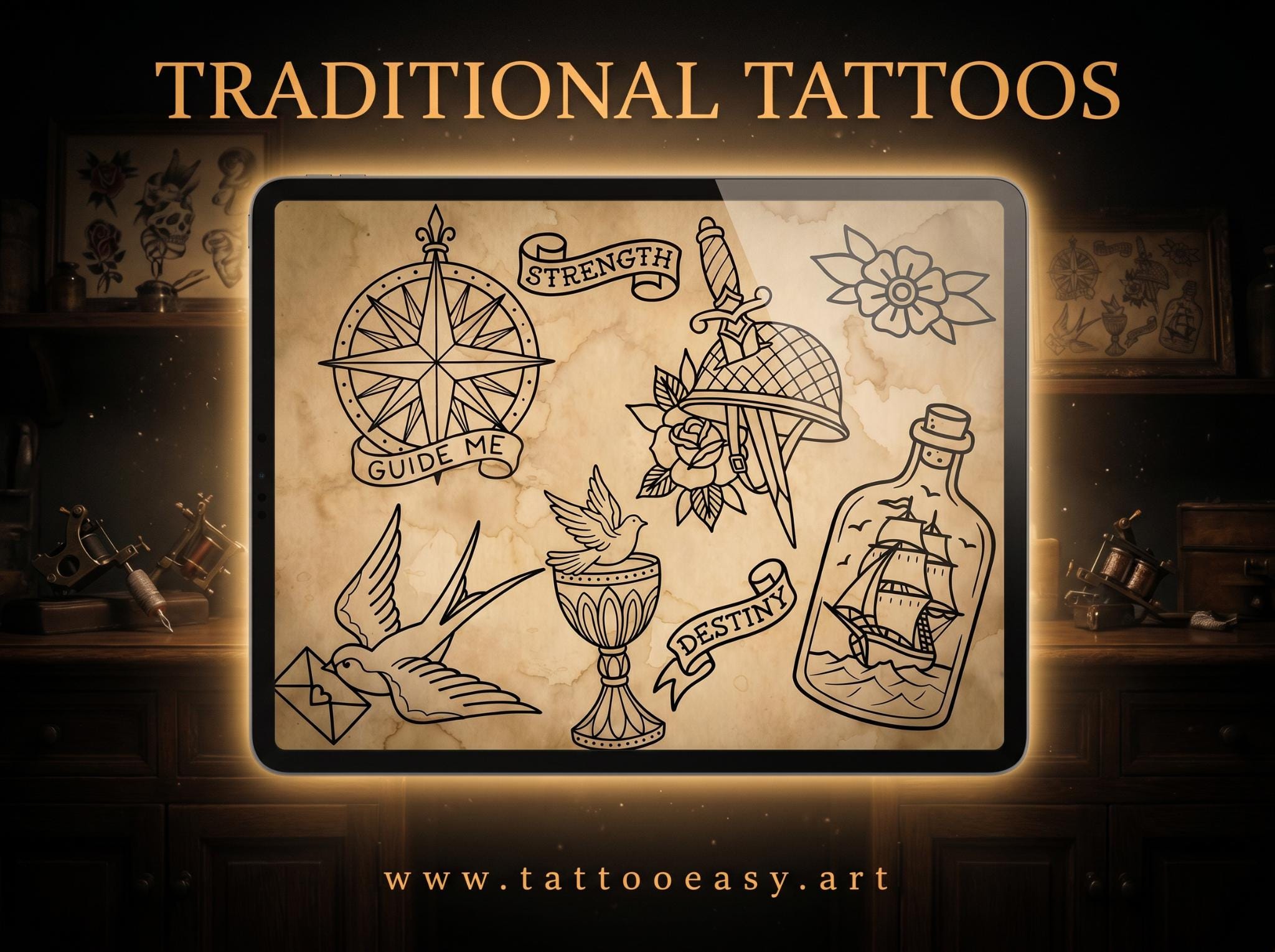 Procreate Traditional tattoo art XL, 600+ designs drawn by handmade ( digital download for Procreate )