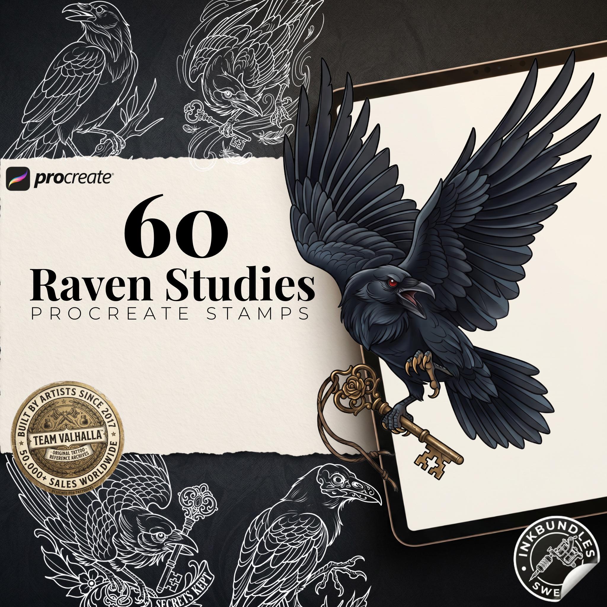 Raven Procreate Brushes, Bird Tattoo Stencils, 60+ Stamps Digital Download