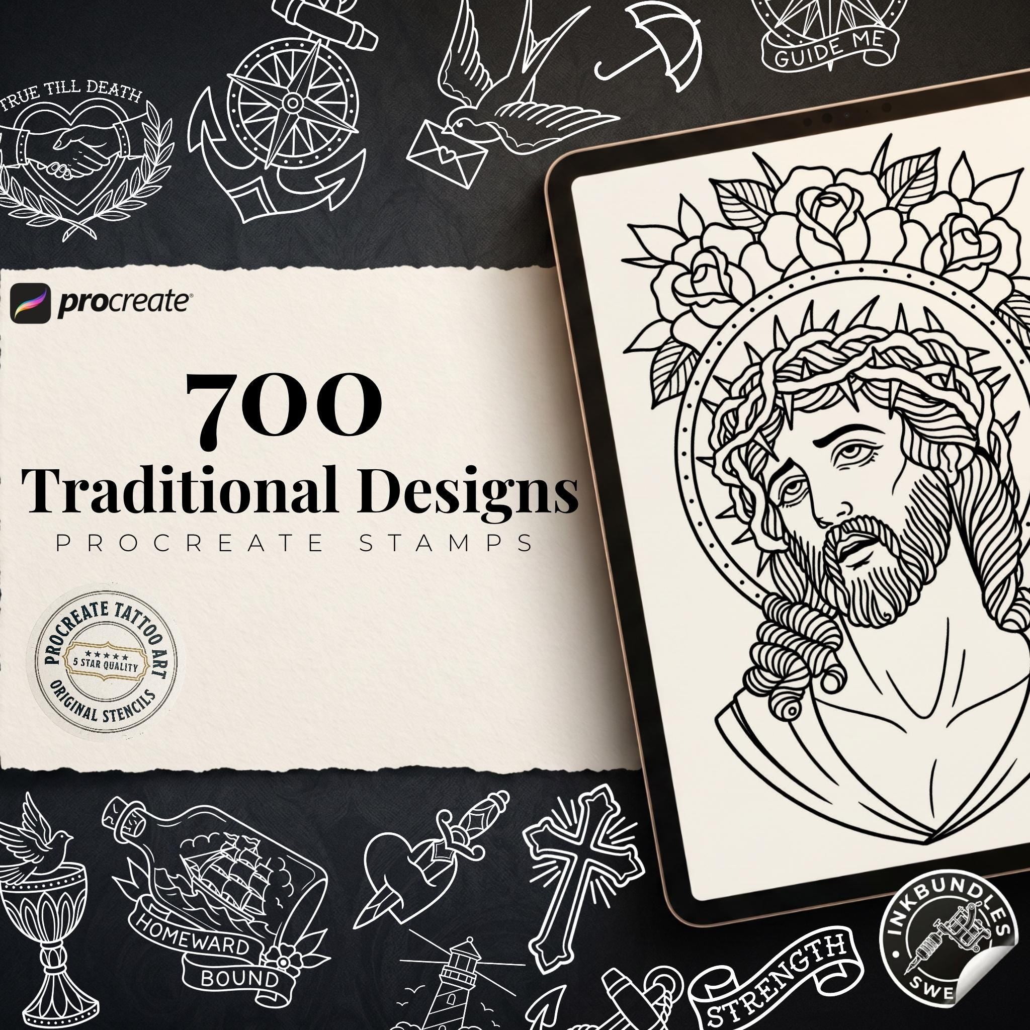 Procreate Traditional tattoo art XL, 600+ designs drawn by handmade ( digital download for Procreate )
