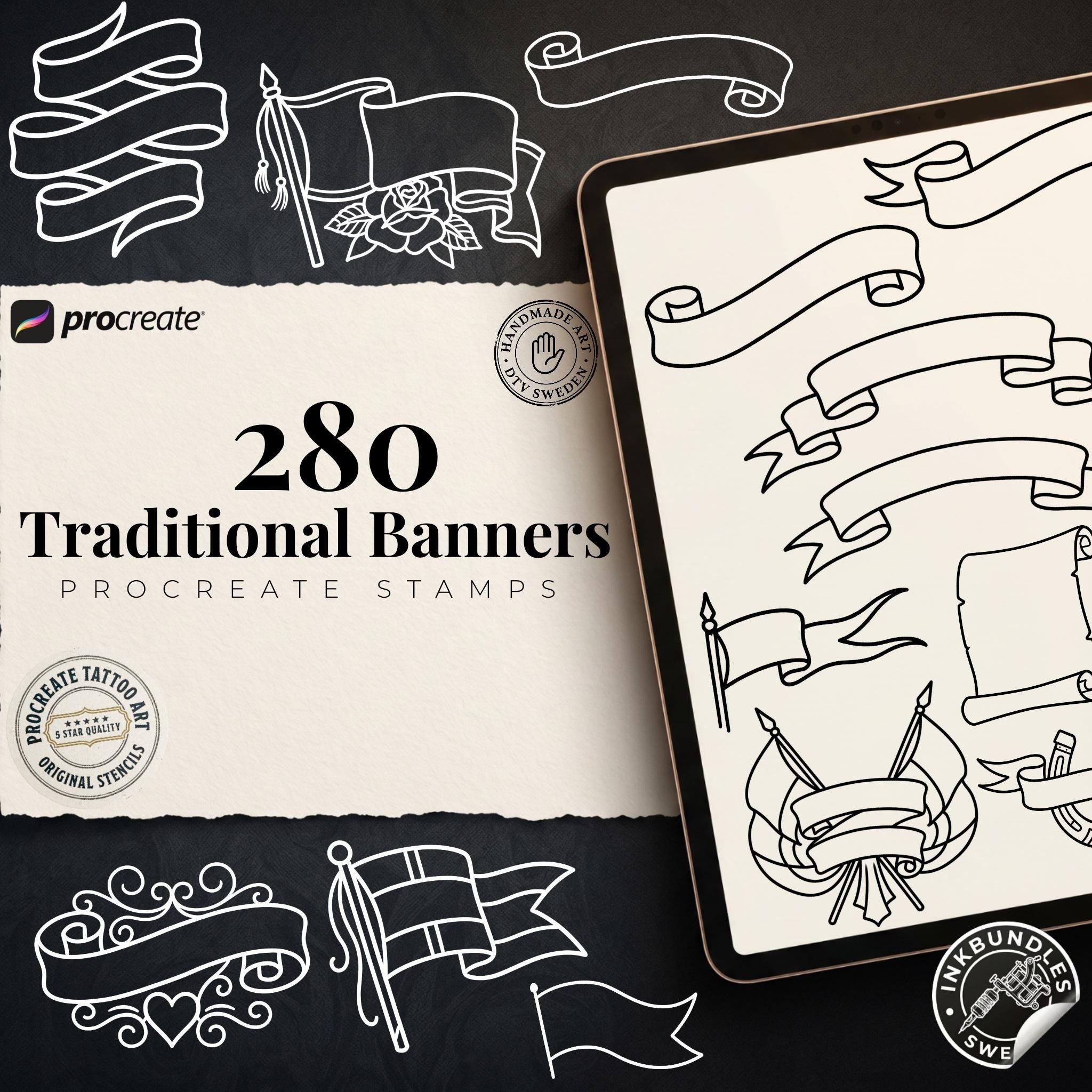 Procreate 220 Banner Designs | Procreate Brushset | Traditional Banners | stencils