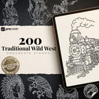 Traditional Wild Western Tattoo Design kit - Procreate & PNG | 200+ Classic Cowboy Tattoos