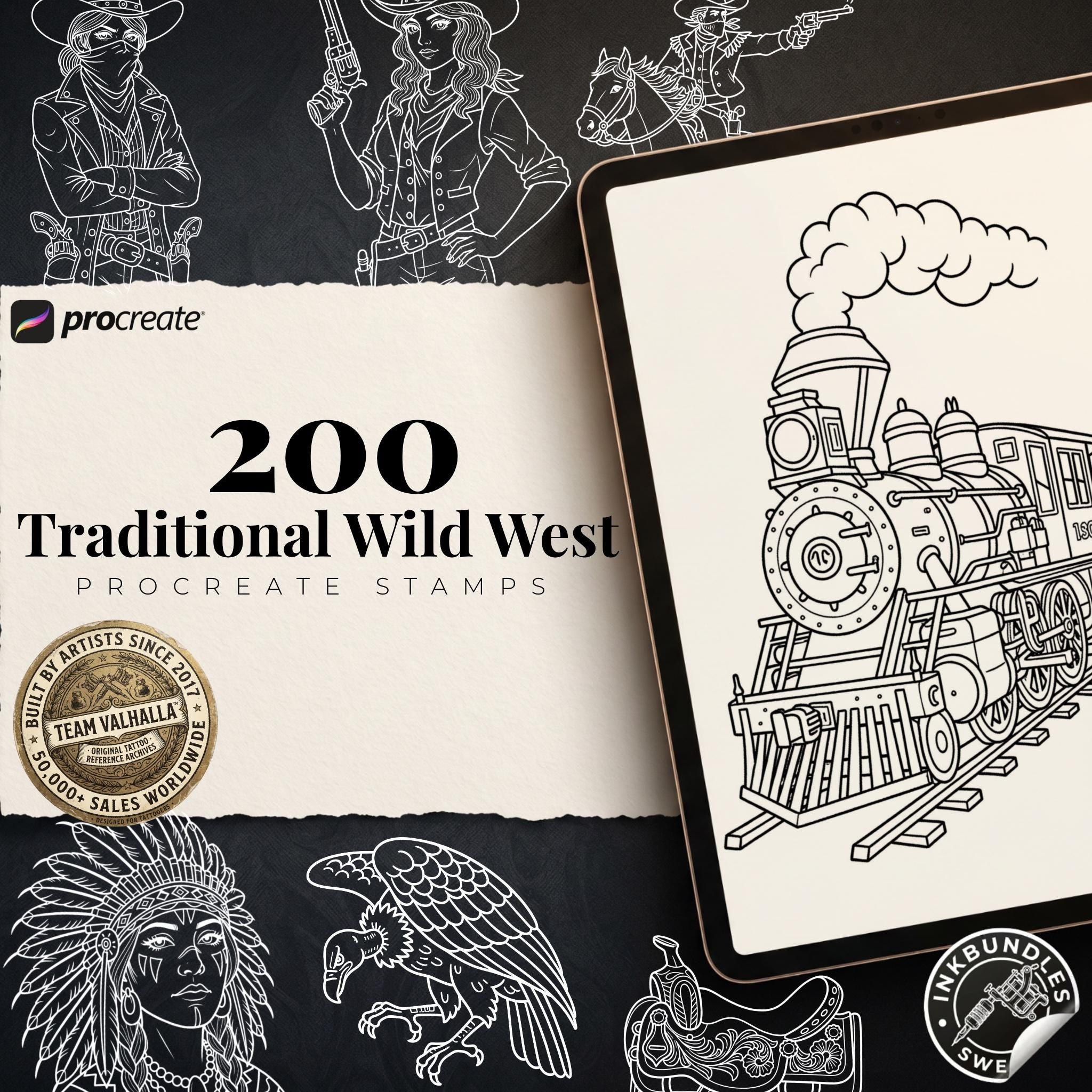 Traditional Wild Western Tattoo Design kit - Procreate & PNG | 200+ Classic Cowboy Tattoos