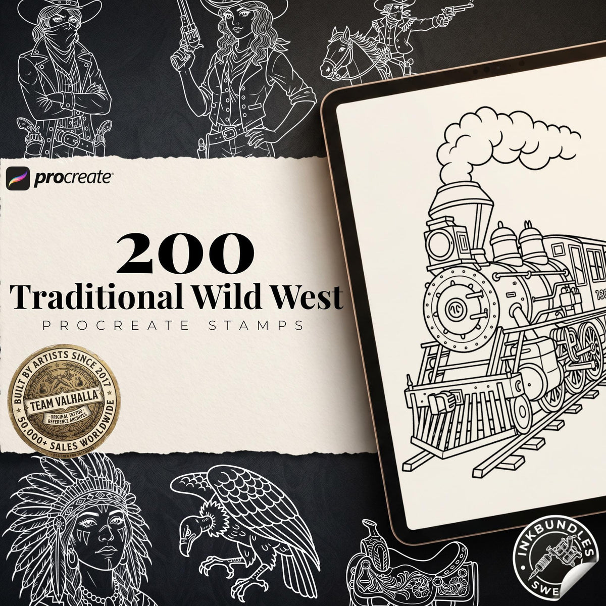 Wild West Tattoo Stencils Bundle - 200+ Procreate Stamps