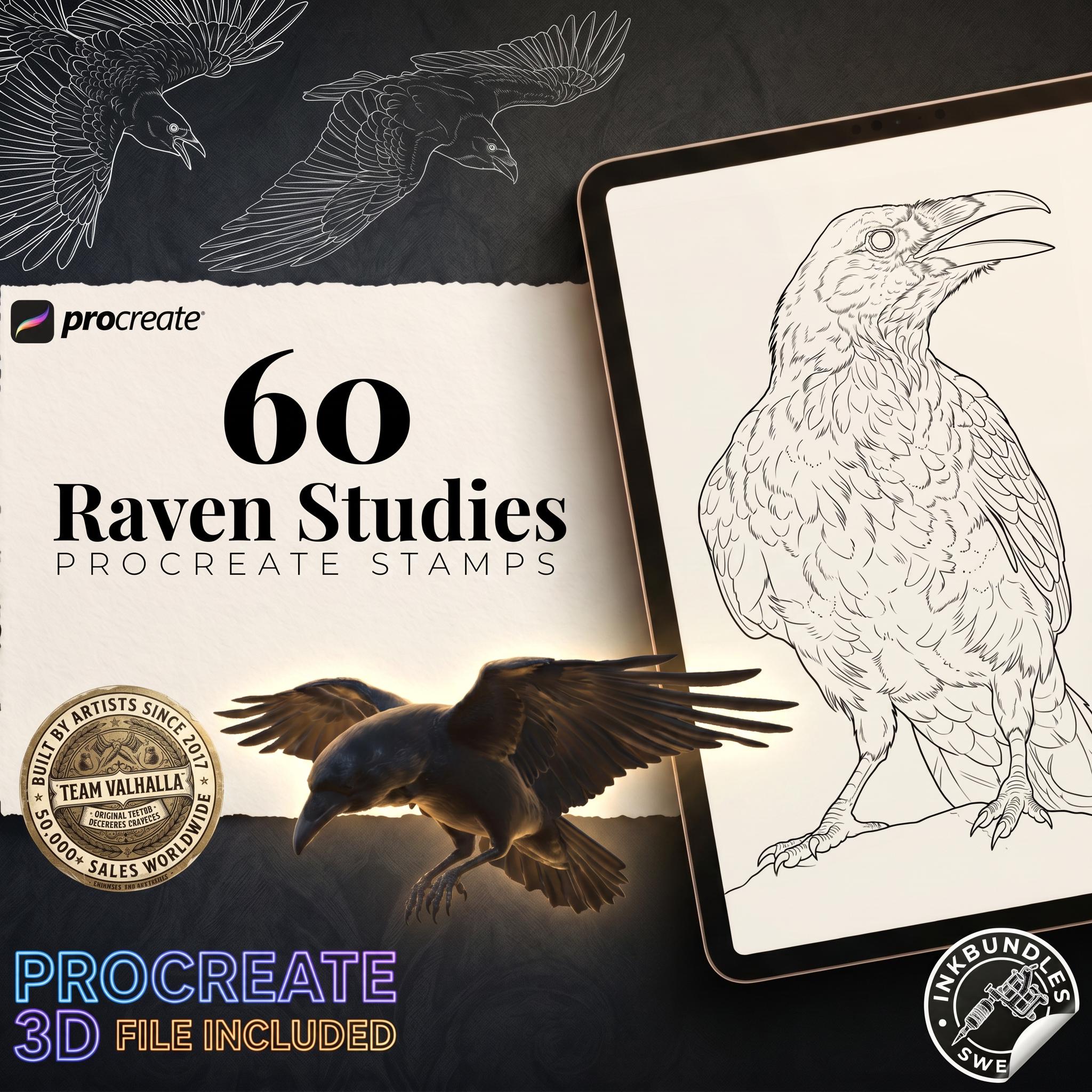 Raven Procreate Brushes, Bird Tattoo Stencils, 60+ Stamps Digital Download