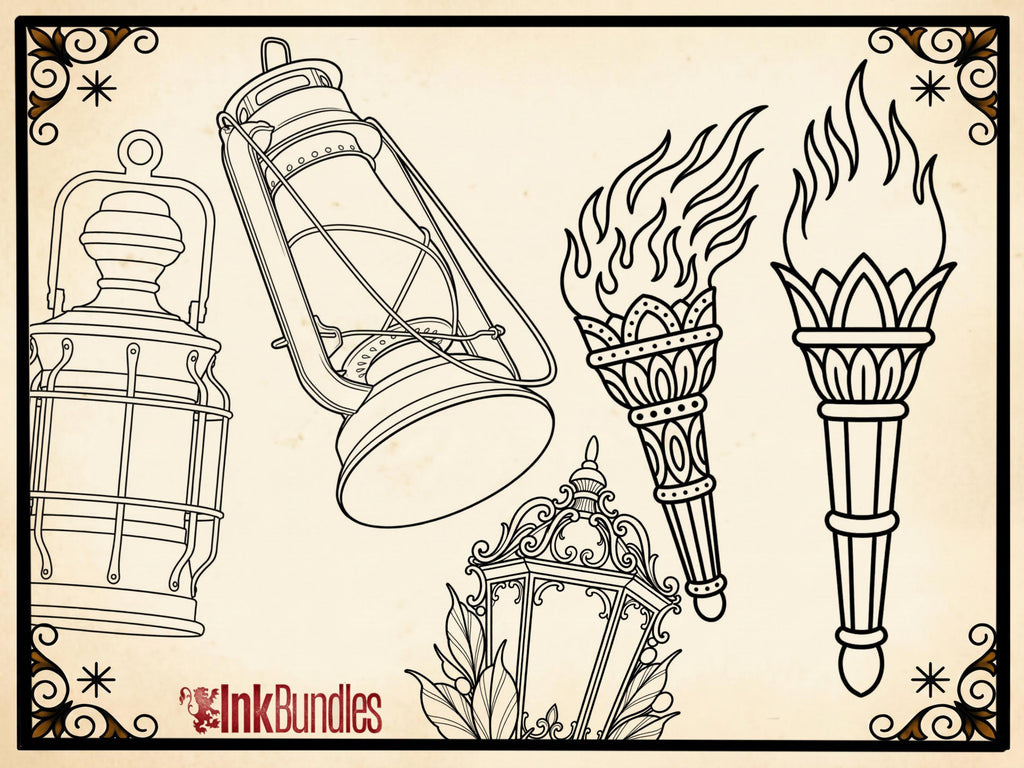 Fire & Torch Tattoo Toolkit, Flame, Lamp PNG Procreate Bundle, Tattoo Flash Brushset for Artists
