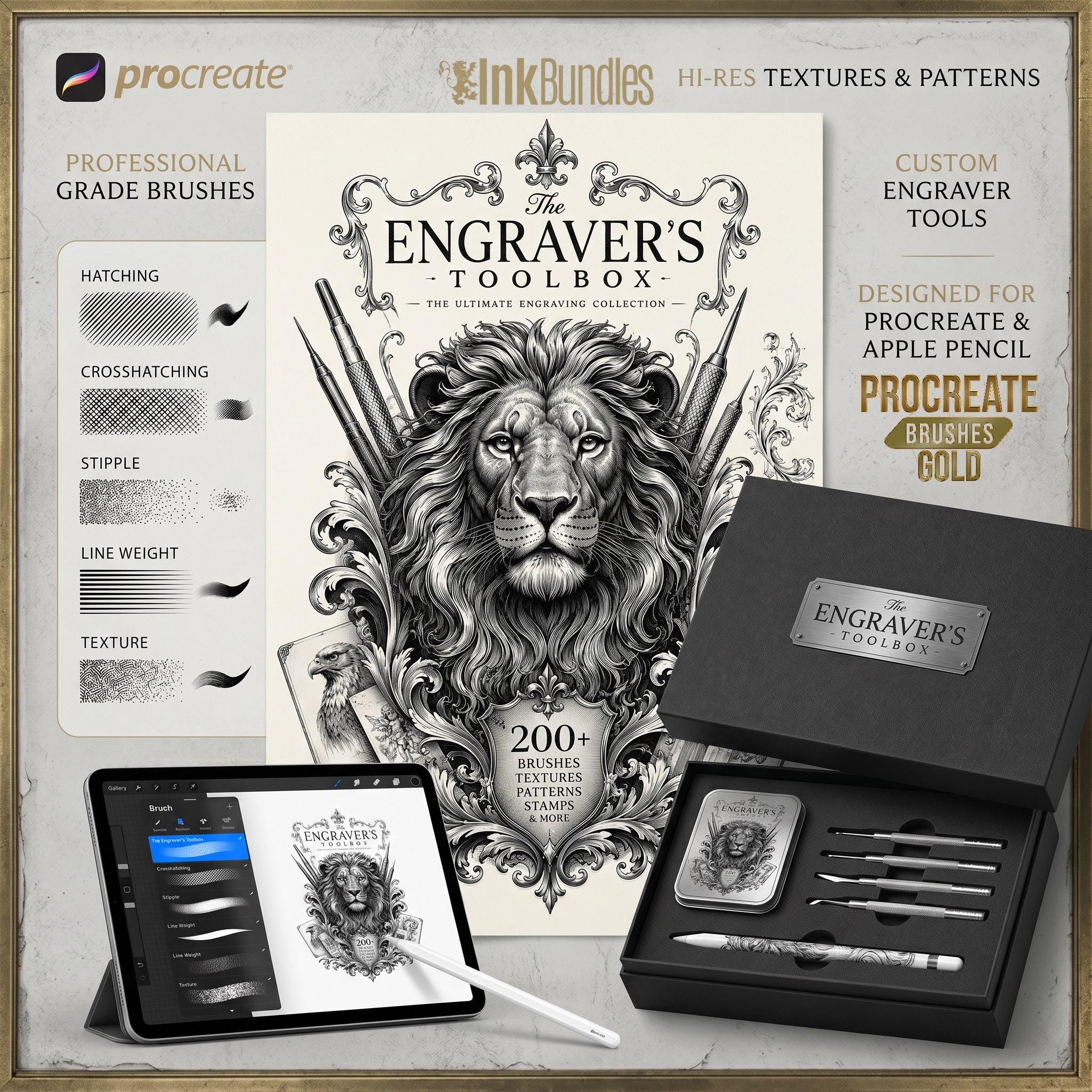 Procreate Engraving Brush Kit: 360+ Woodcut Texture Brushes & Canvas (Digital Download