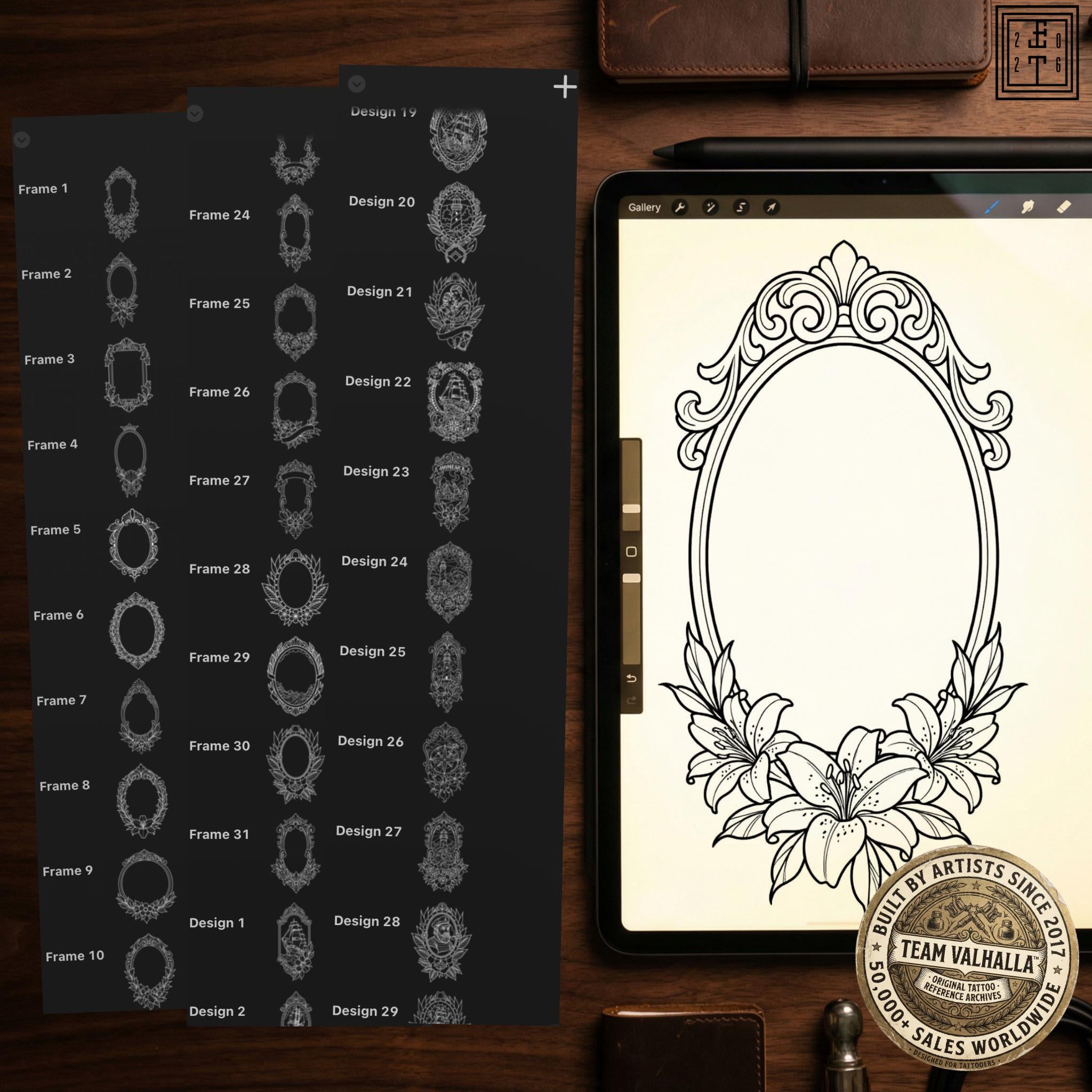 Procreate Flash Frames, 60 designs, Custom stencil designs for Procreate, Old school stamp brushes, digital download