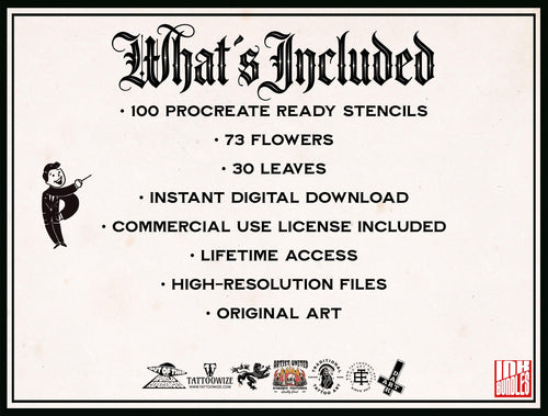 Rose Tattoo Design Kit: Procreate Stamps, Stencils (150+ PNG Files)