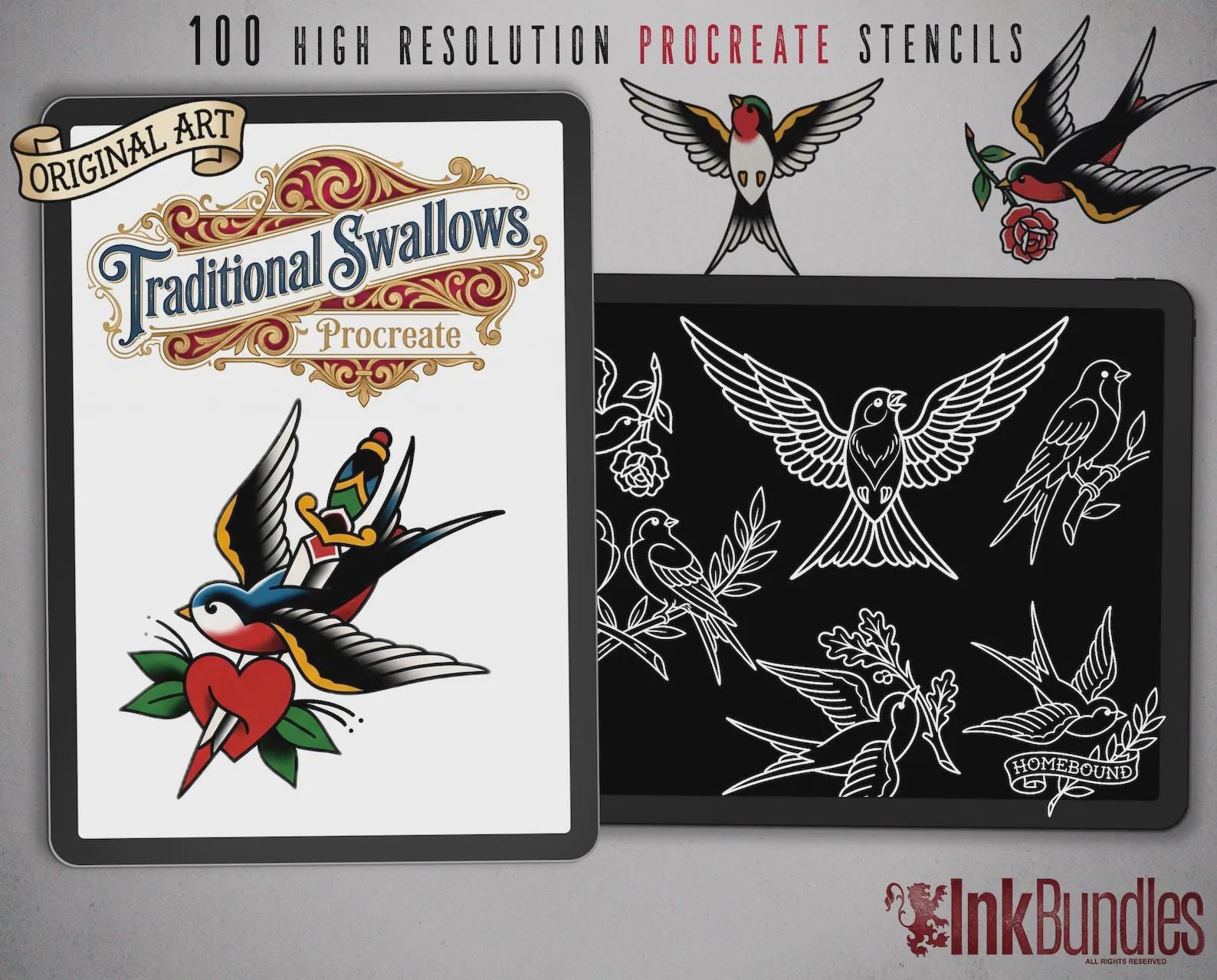 Traditional Swallows Tattoo Design kit - Procreate | 100+ Classic Swallow Tattoos, Old School Stencils