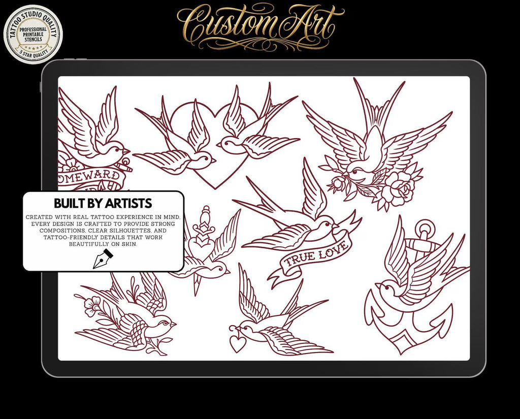 Traditional Swallows Tattoo Design kit - Procreate | 100+ Classic Swallow Tattoos, Old School Stencils