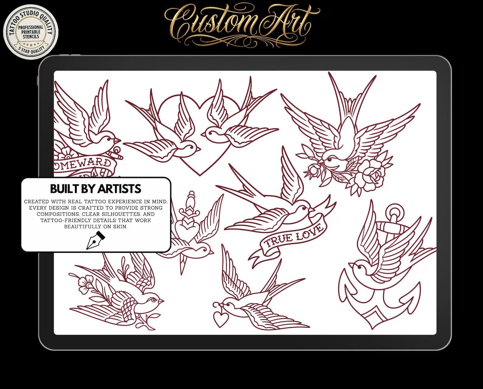 Traditional Swallows Tattoo Design kit - Procreate | 100+ Classic Swallow Tattoos, Old School Stencils