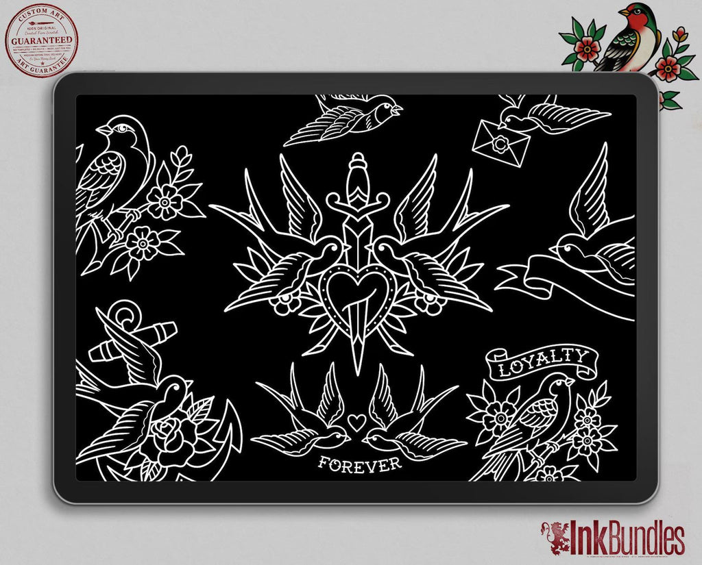 Traditional Swallows Tattoo Design kit - Procreate | 100+ Classic Swallow Tattoos, Old School Stencils
