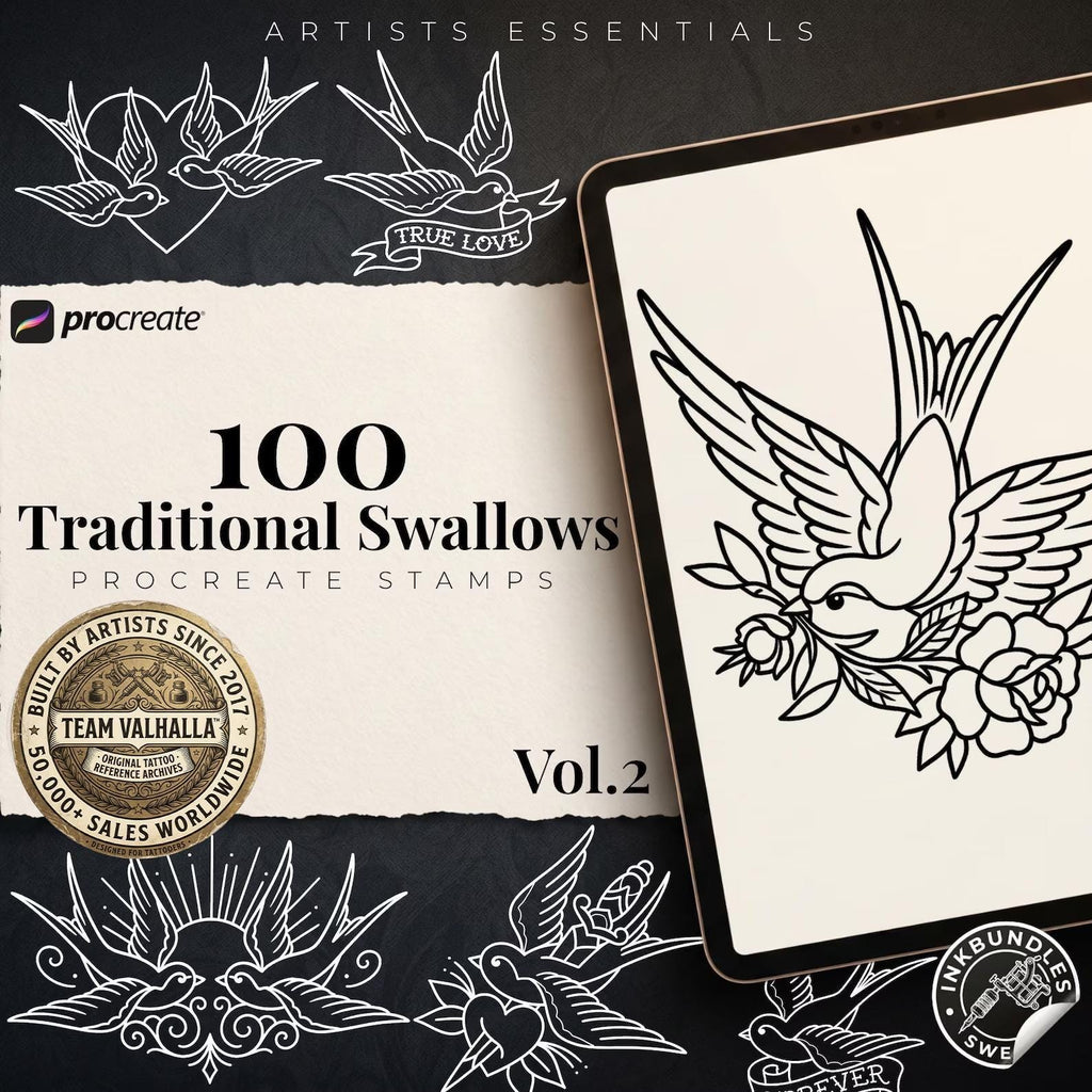 Traditional Swallows Tattoo Design kit - Procreate | 100+ Classic Swallow Tattoos, Old School Stencils