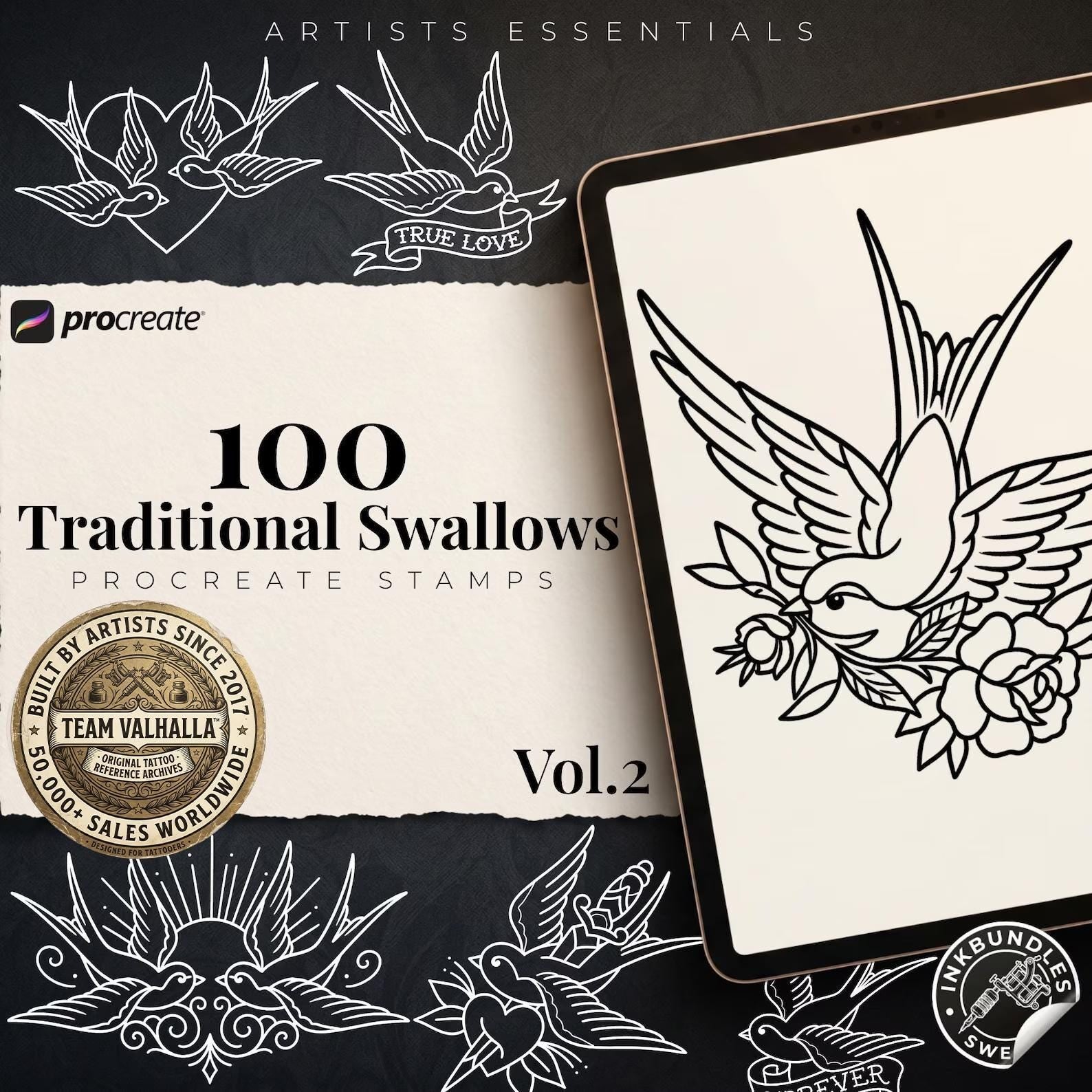 Traditional Swallows Tattoo Design kit - Procreate | 100+ Classic Swallow Tattoos, Old School Stencils