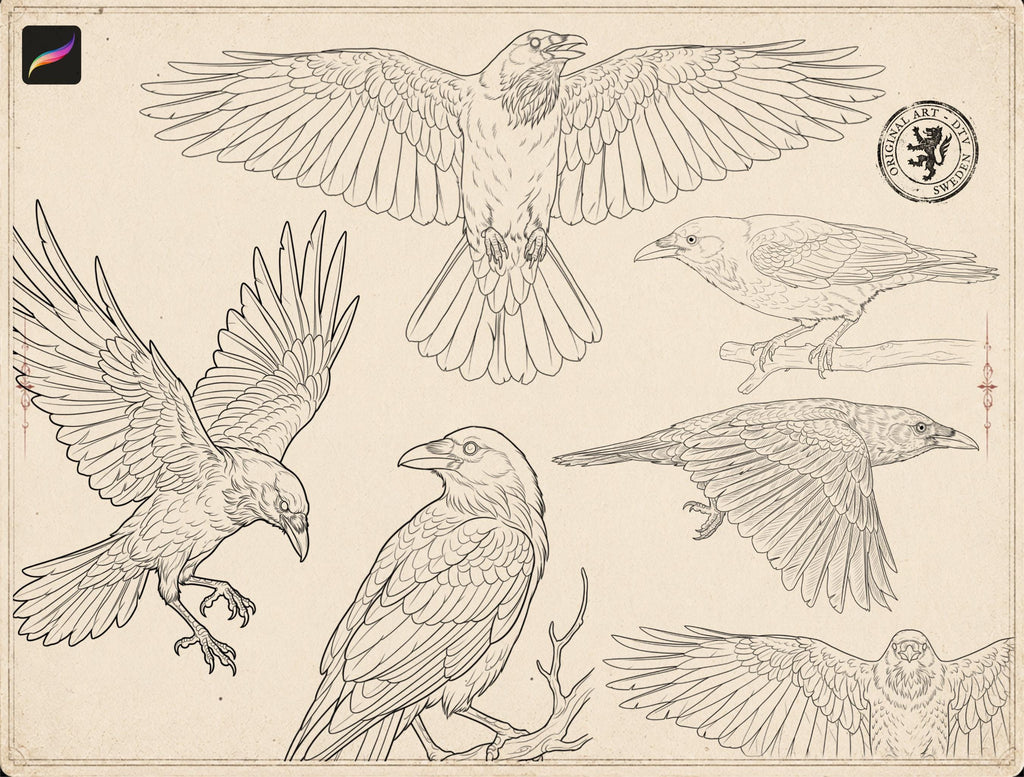 Raven Tattoo Stencils – 80 Procreate Stamps – preview 4