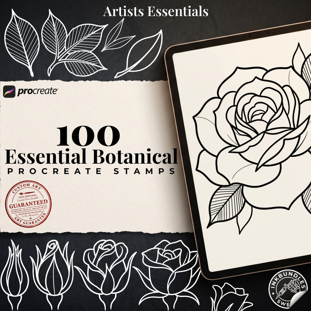 Rose Tattoo Design Kit: Procreate Stamps, Stencils (150+ PNG Files)