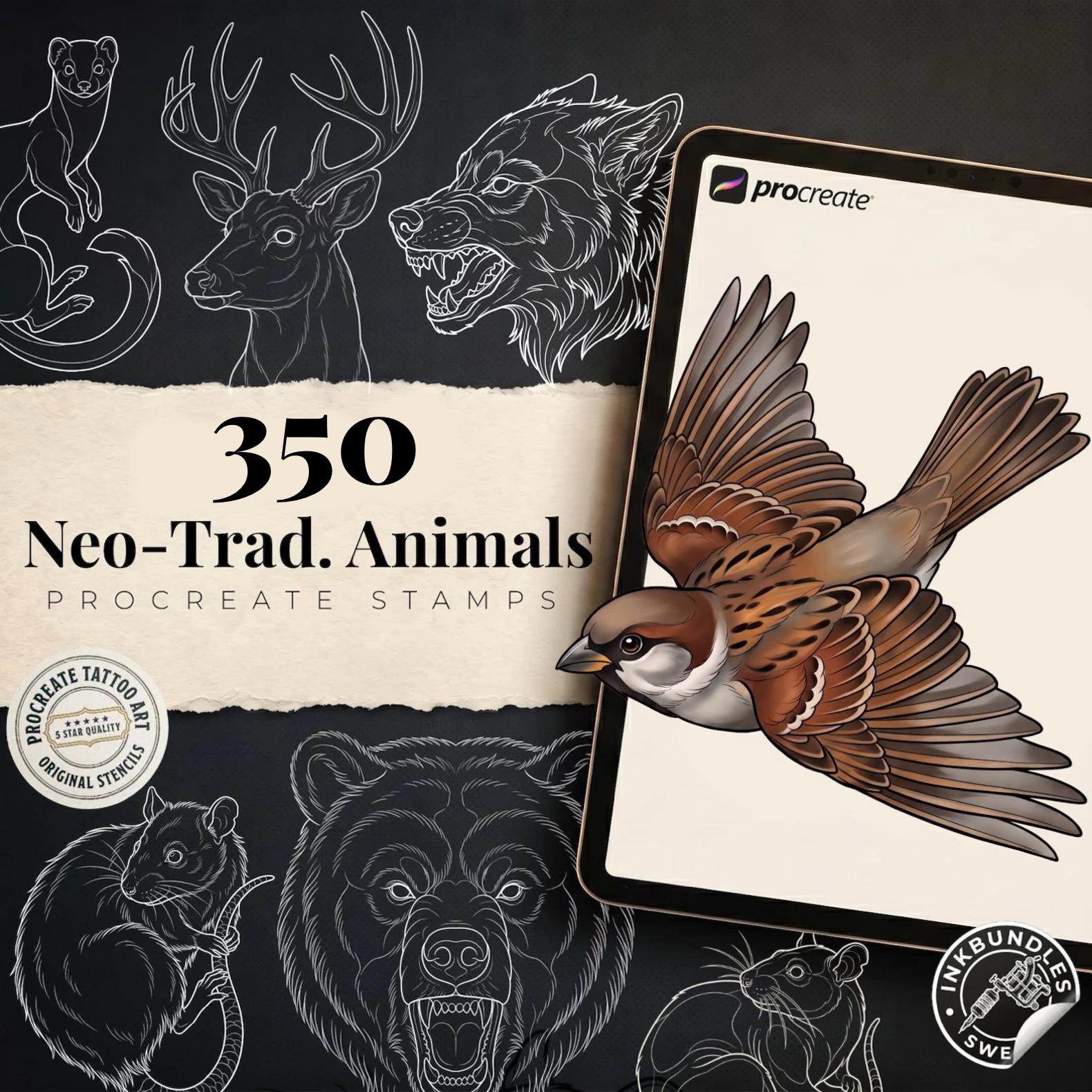 Procreate Neo Traditional Animal Tattoo Design Reference Kit, Brushset & PNG, original stencils