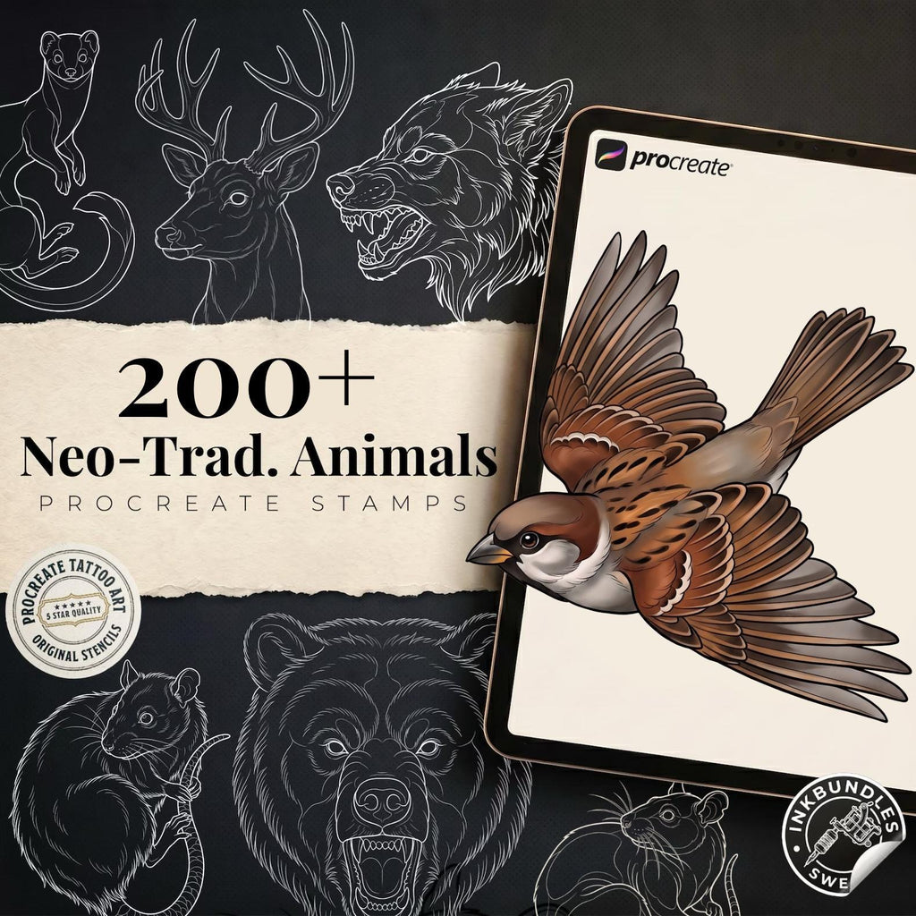Procreate Neo Traditional Animal Tattoo Design Reference Kit, Brushset & PNG, original stencils