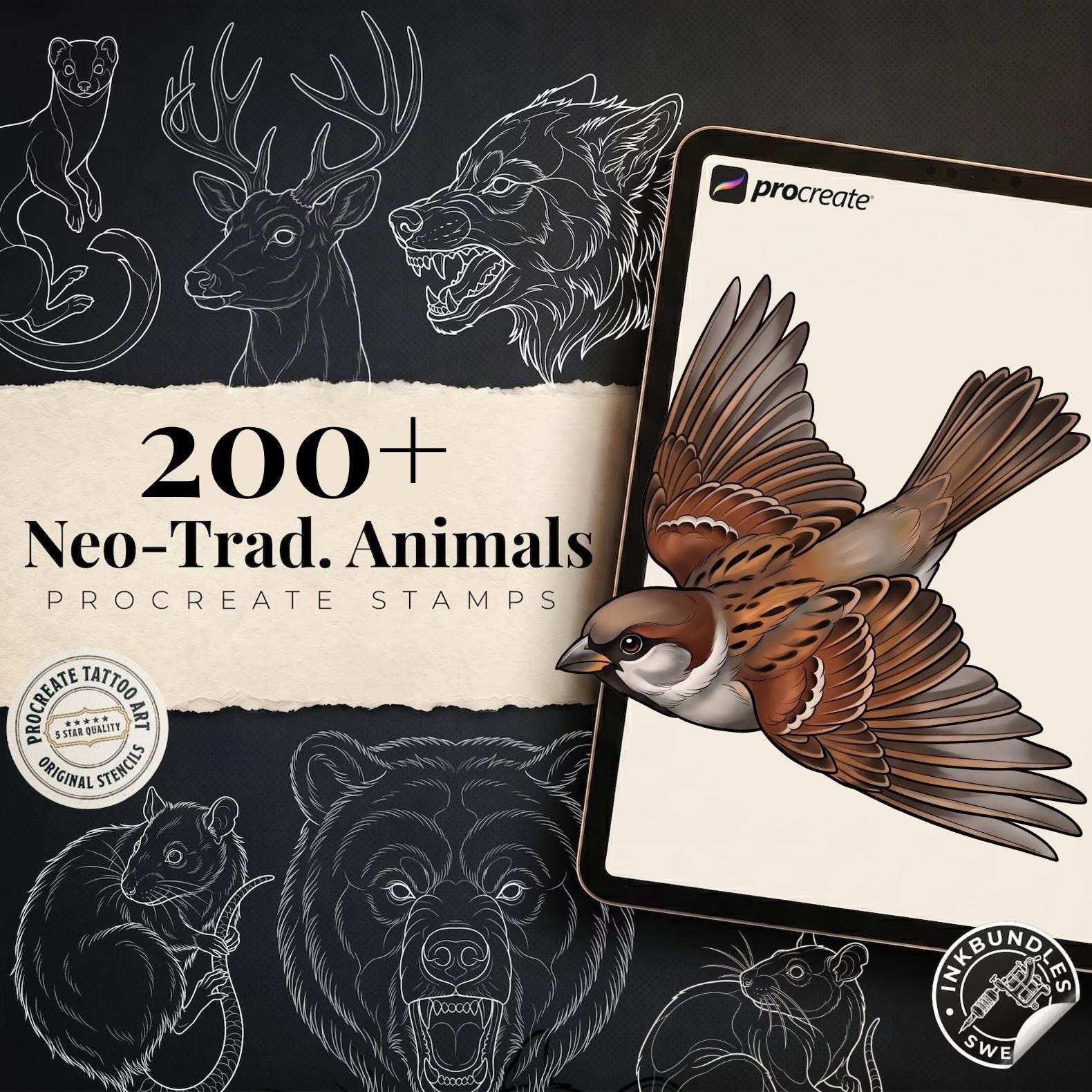 Procreate Neo Traditional Animal Tattoo Design Reference Kit, Brushset & PNG, original stencils