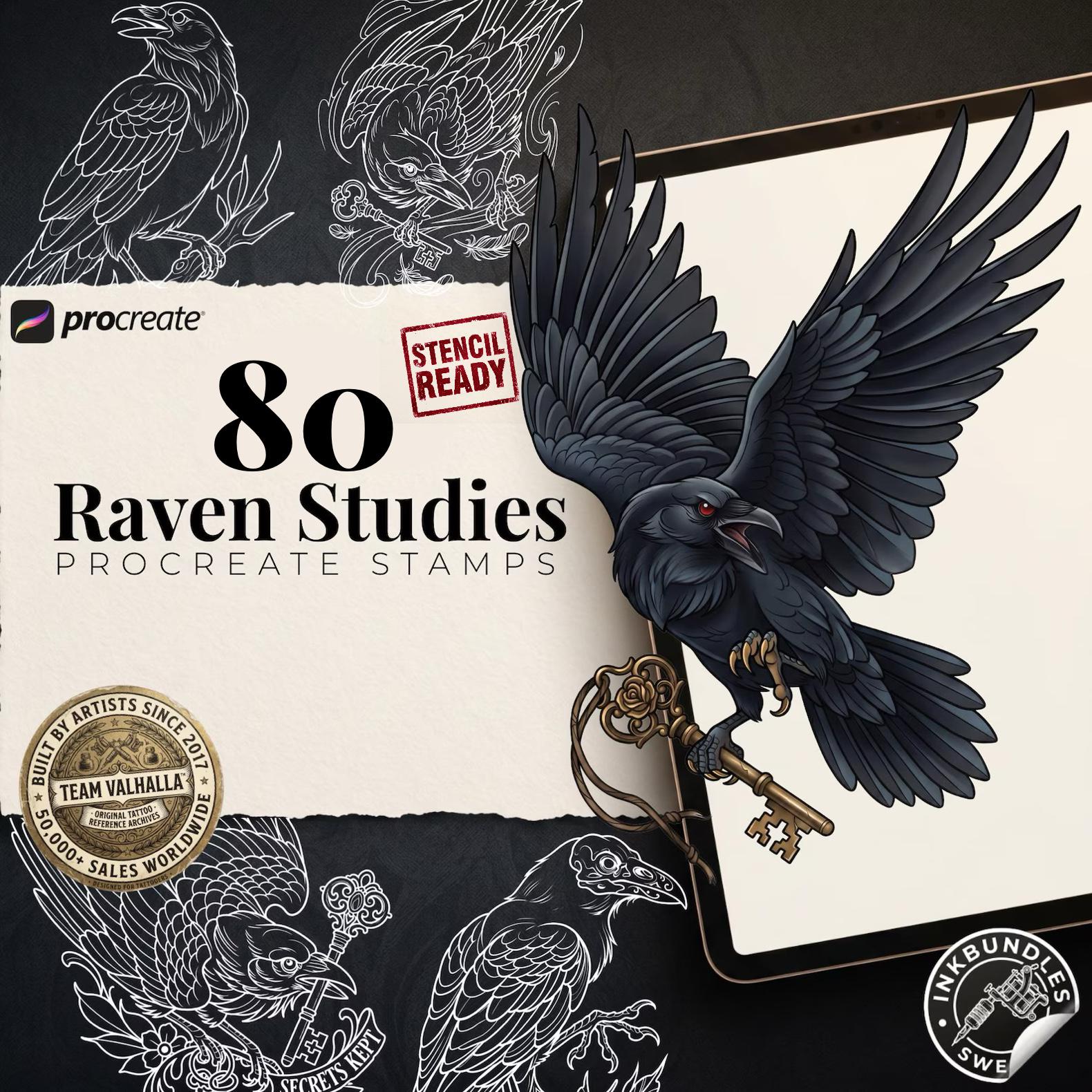 Raven Procreate Brushes, Bird Tattoo Stencils, 80+ Stamps Digital Download