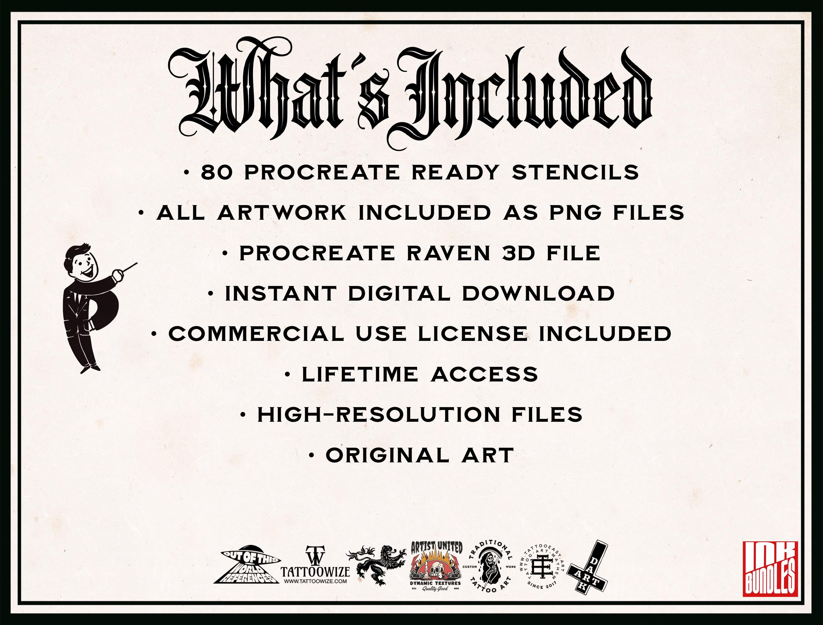 Raven Procreate Brushes, Bird Tattoo Stencils, 80+ Stamps Digital Download