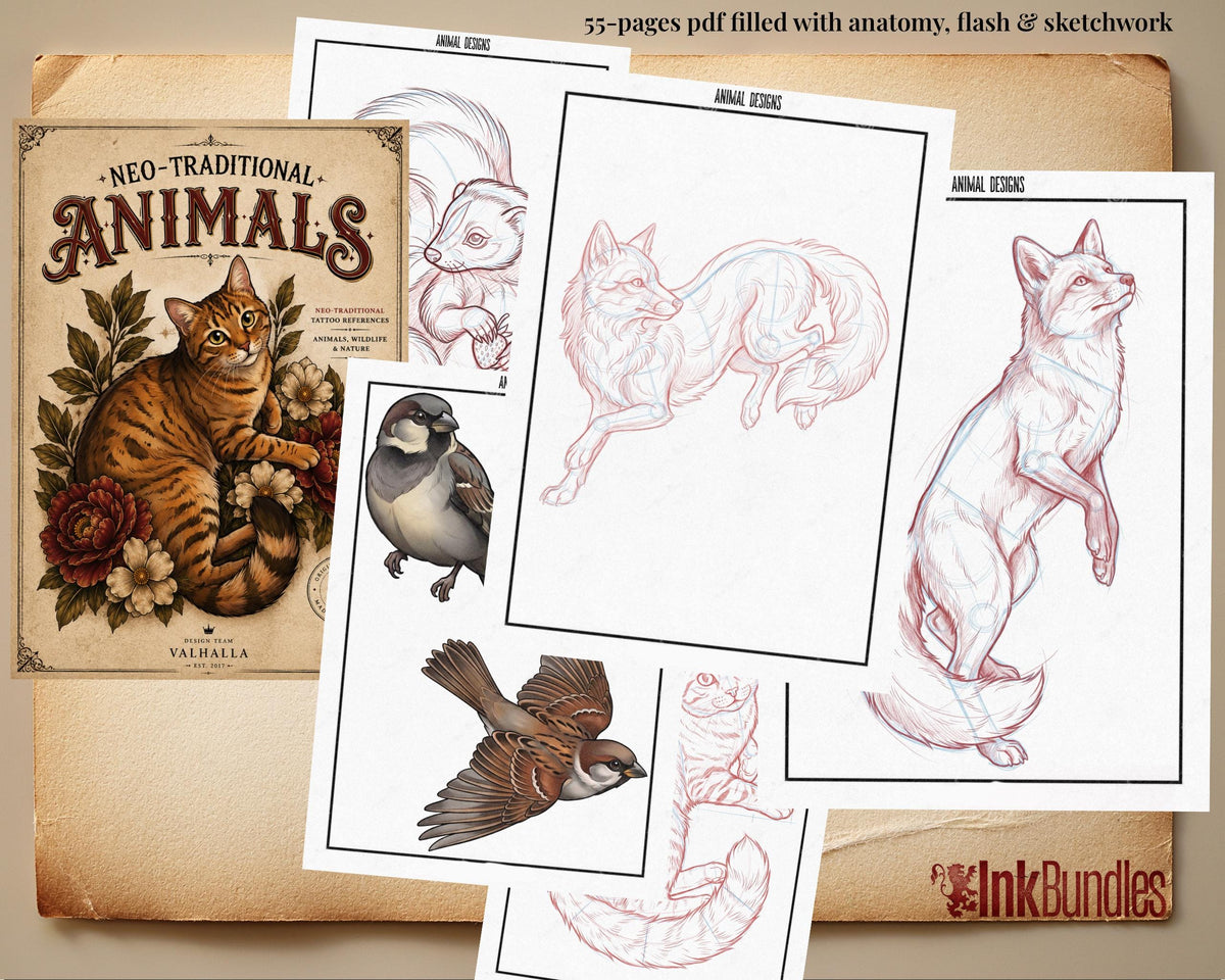Procreate Neo Traditional Animal Tattoo Design Reference Kit, Brushset & PNG, original stencils