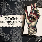 Dark Neo-Traditional 200+, Dark Macabre Tattoo Art, Neo-Traditional Procreate Stamps, Tattoo Stencils