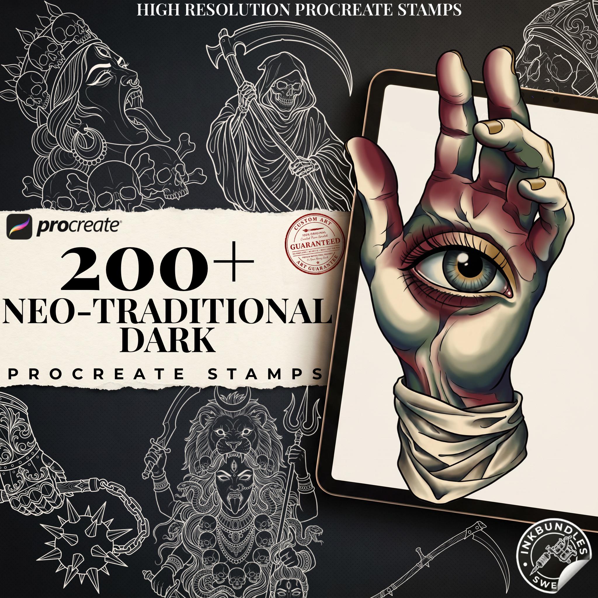 Dark Neo-Traditional 200+, Dark Macabre Tattoo Art, Neo-Traditional Procreate Stamps, Tattoo Stencils