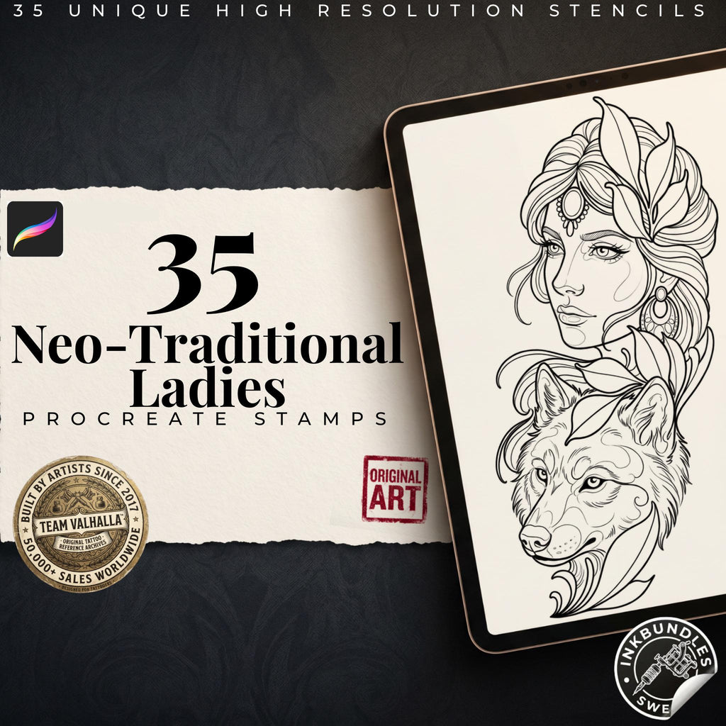 Procreate Neo Traditional Ladies, Tattoo design Set, Brushset, original stencils