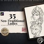 Procreate Neo Traditional Ladies, Tattoo design Set, Brushset, original stencils