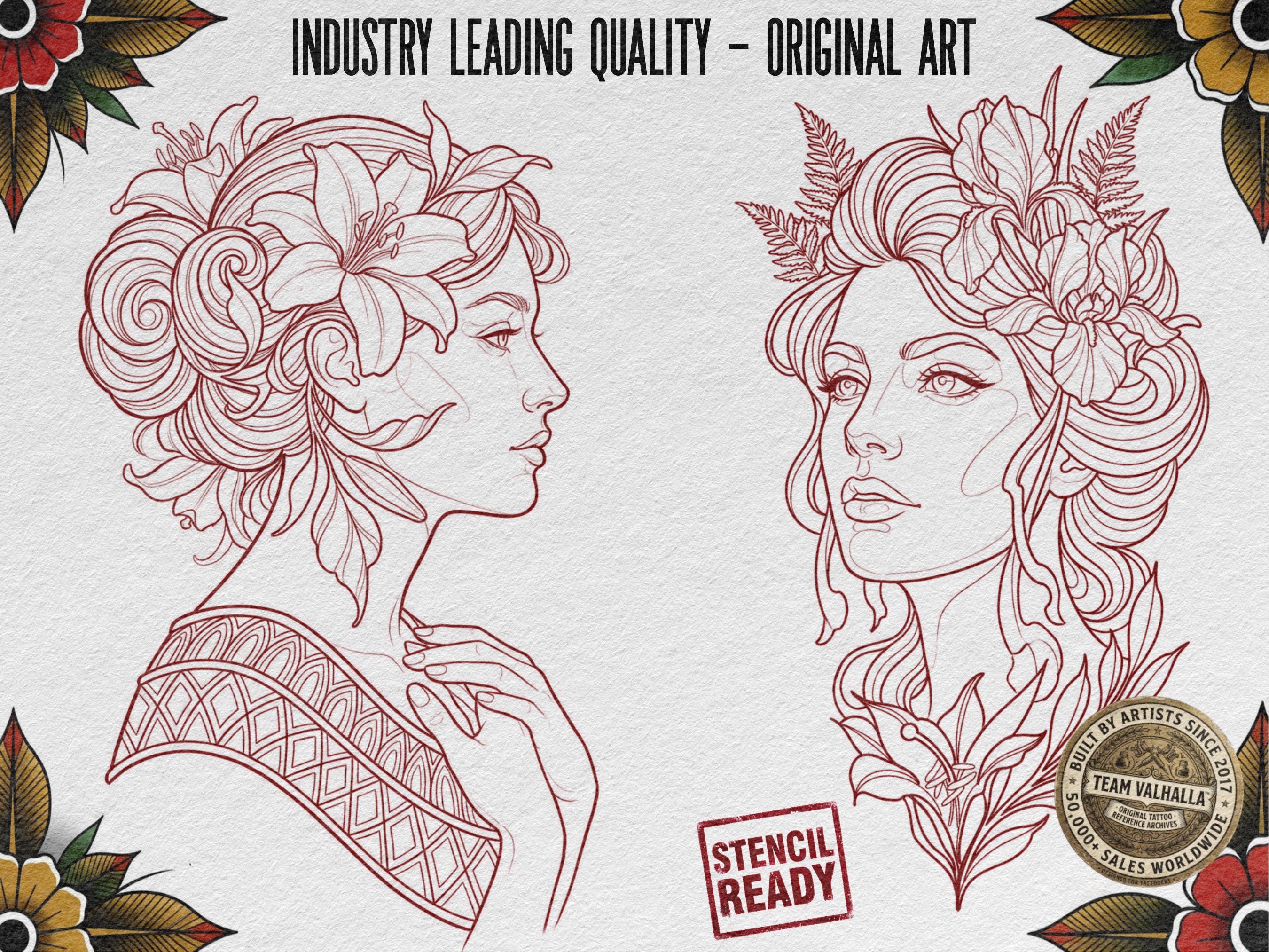 Procreate Neo Traditional Ladies, Tattoo design Set, Brushset, original stencils