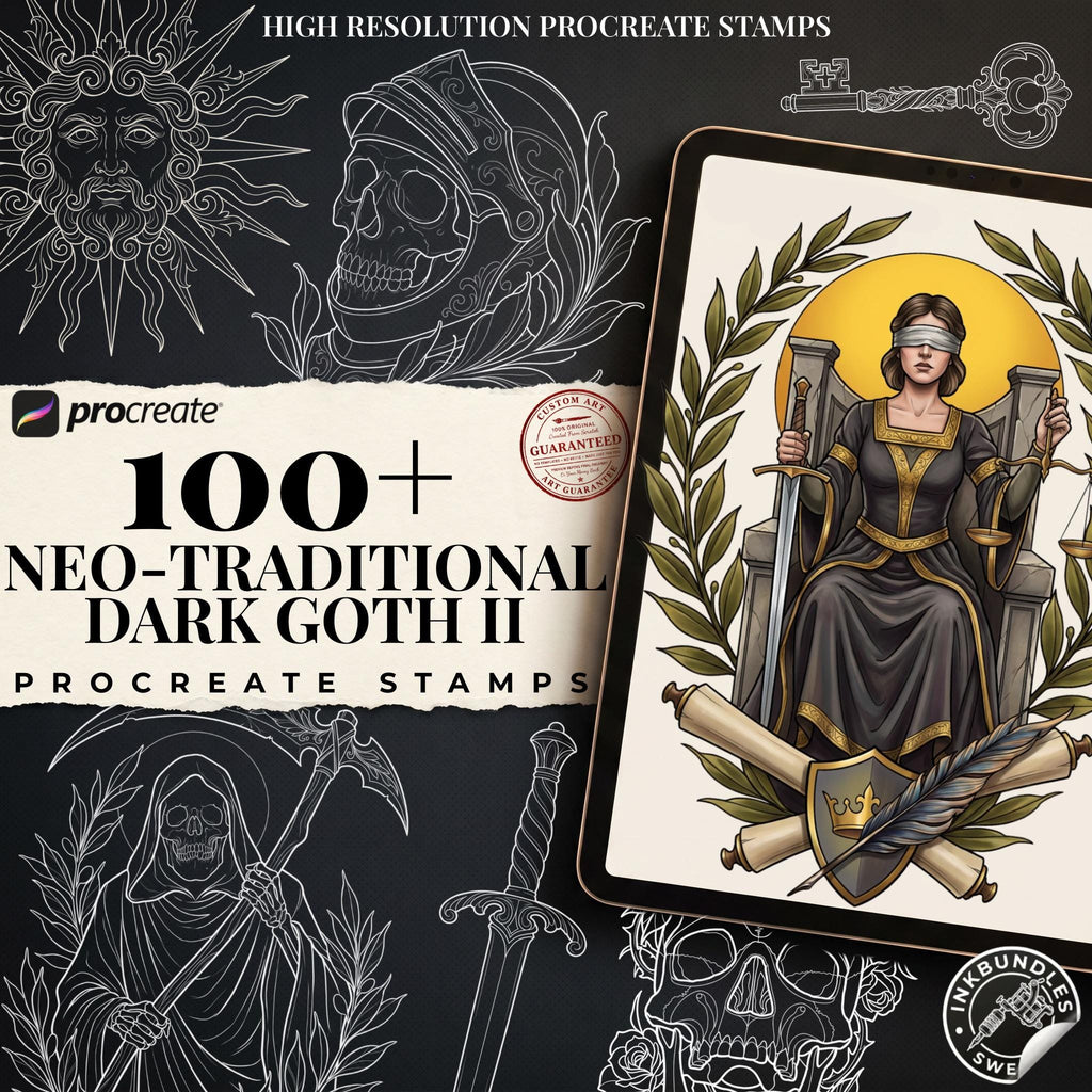 Dark Neo-Traditional vol.2 120+, Dark Macabre Tattoo Art, Neo-Traditional Procreate Stamps, Tattoo Stencils