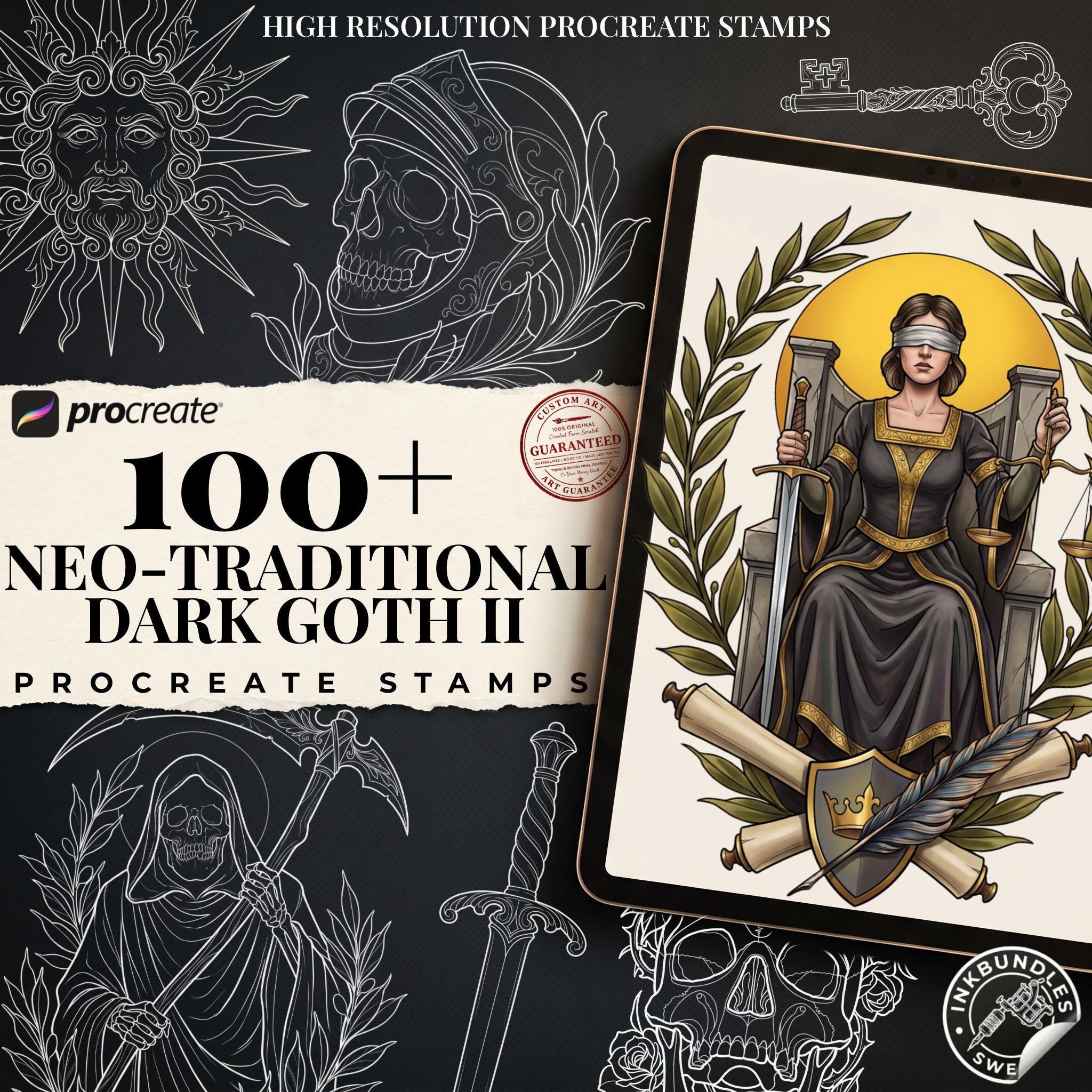 Dark Neo-Traditional vol.2 120+, Dark Macabre Tattoo Art, Neo-Traditional Procreate Stamps, Tattoo Stencils