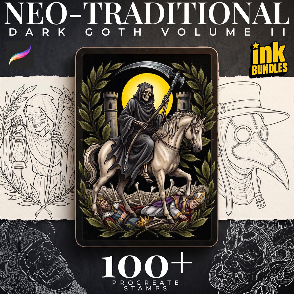 Dark Neo-Traditional vol.2 120+, Dark Macabre Tattoo Art, Neo-Traditional Procreate Stamps, Tattoo Stencils