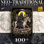 Dark Neo-Traditional vol.2 120+, Dark Macabre Tattoo Art, Neo-Traditional Procreate Stamps, Tattoo Stencils