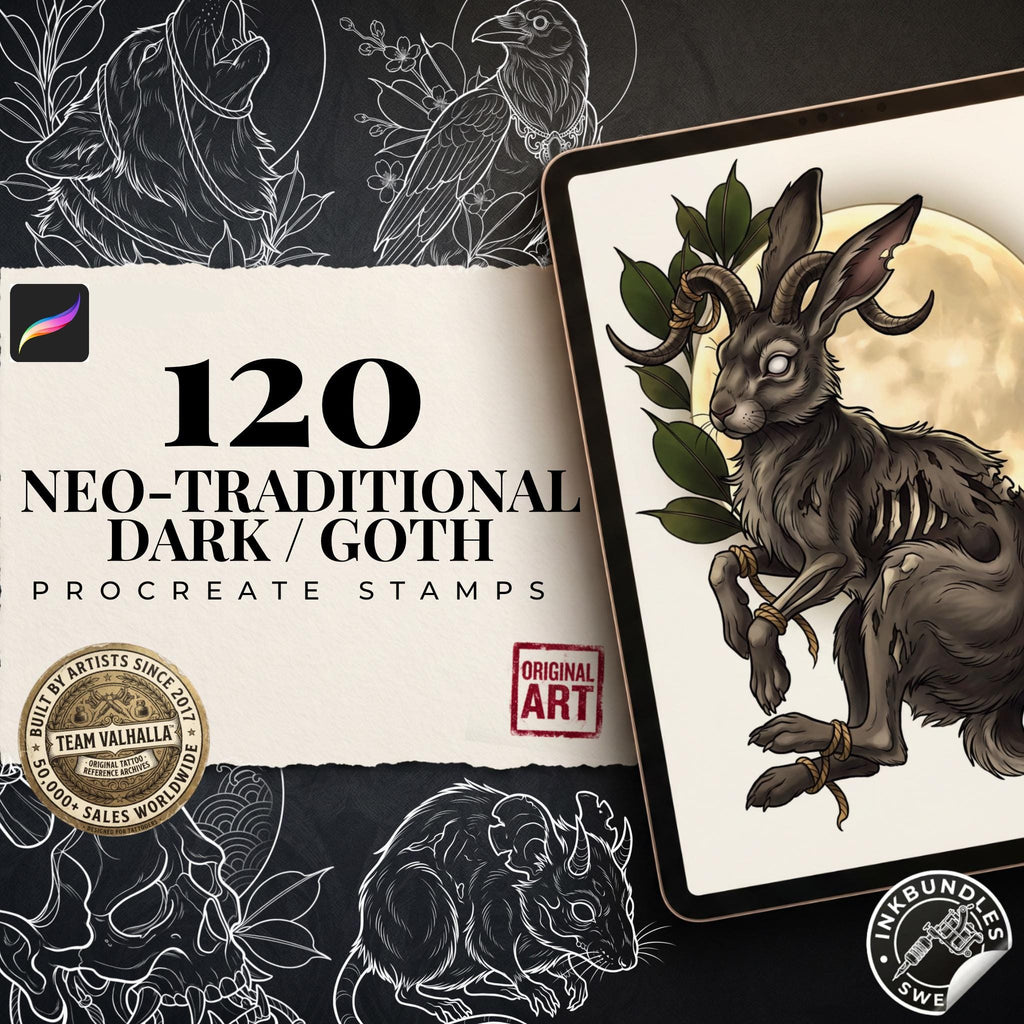 Dark Neo-Traditional vol.2 120+, Dark Macabre Tattoo Art, Neo-Traditional Procreate Stamps, Tattoo Stencils
