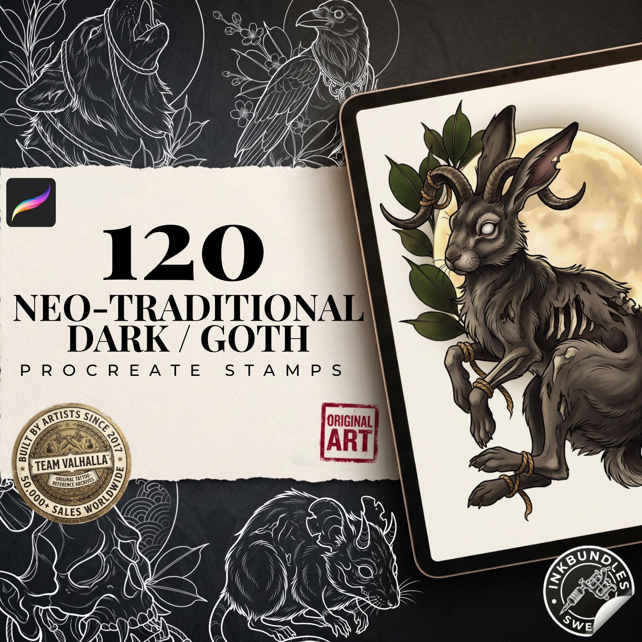 Dark Neo-Traditional vol.2 120+, Dark Macabre Tattoo Art, Neo-Traditional Procreate Stamps, Tattoo Stencils