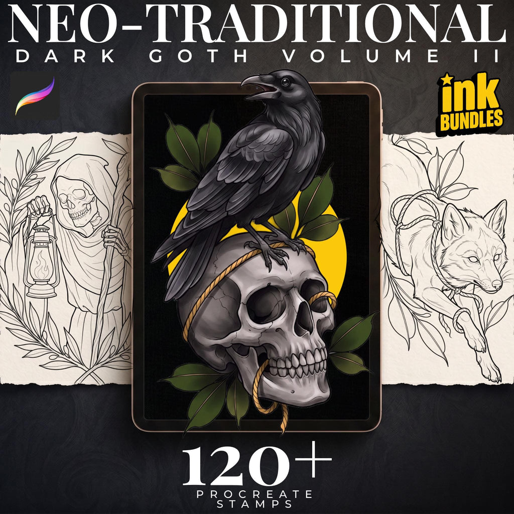 Dark Neo-Traditional vol.2 120+, Dark Macabre Tattoo Art, Neo-Traditional Procreate Stamps, Tattoo Stencils