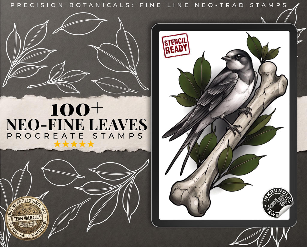 Procreate - Garden Essentials, Tattoo Leaves & Flowers, Fineline, hand drawn, Commercial Use