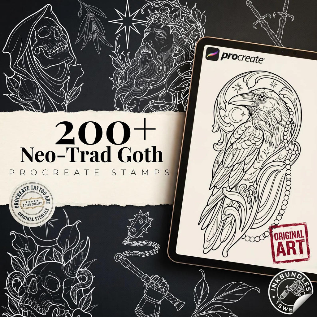 Dark Neo-Traditional 200+, Dark Macabre Tattoo Art, Neo-Traditional Procreate Stamps, Tattoo Stencils