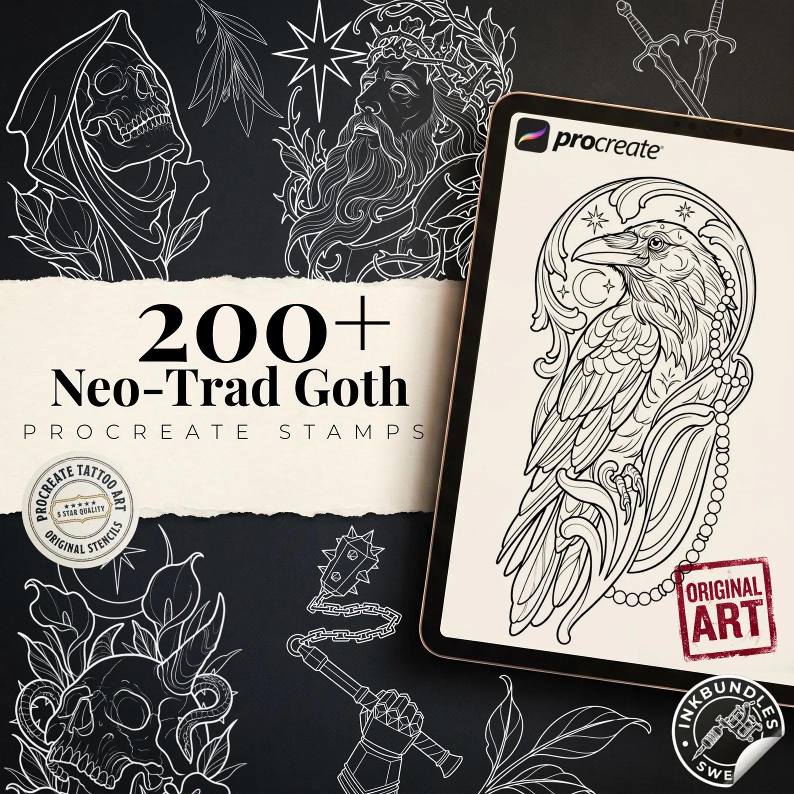 Dark Neo-Traditional 200+, Dark Macabre Tattoo Art, Neo-Traditional Procreate Stamps, Tattoo Stencils