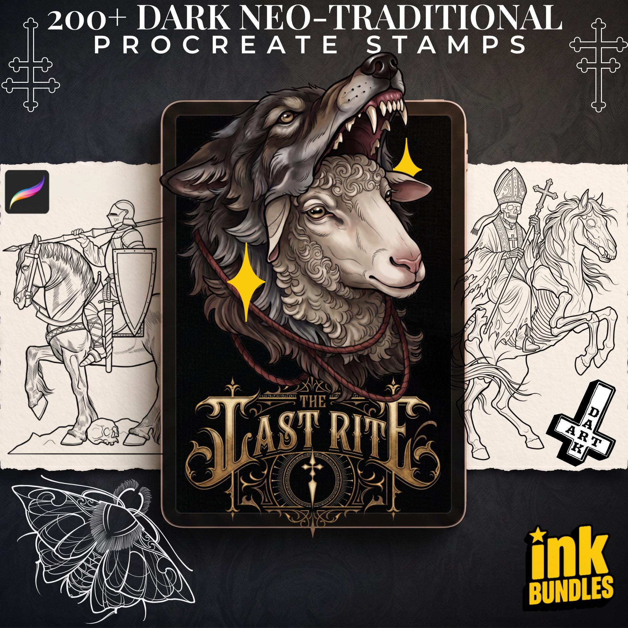 Dark Neo-Traditional 200+, Dark Macabre Tattoo Art, Neo-Traditional Procreate Stamps, Tattoo Stencils